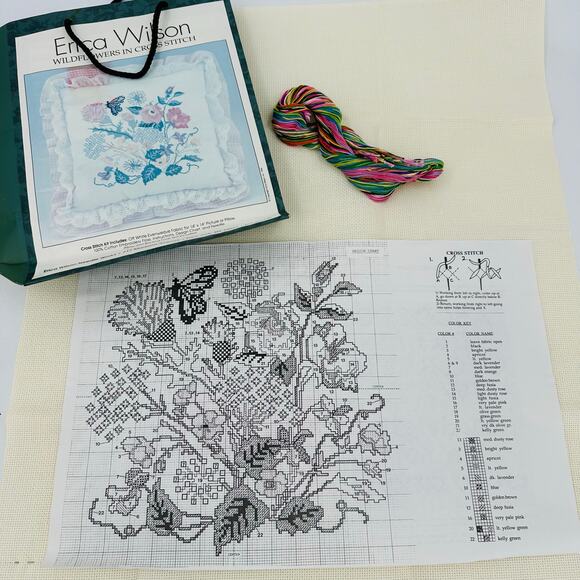 Vintage Erica Wilson Nantucket Wildflowers in CROSS STITCH Kit 14" x 14" Pillow - Picture 2 of 9
